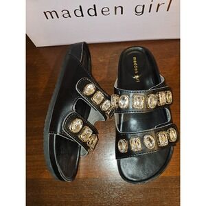 Madden Girls Jem Black Leather Embellished Slides‎ Flat Sandals Size 7.5